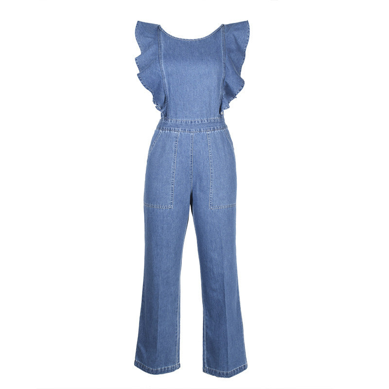 Women's lace-up ruffled denim one-piece suit