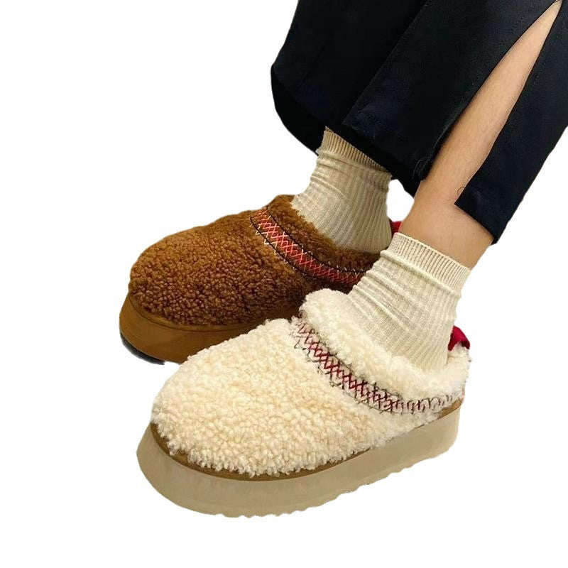 Thick Bottom Increased Closed Toe Fluffy Slippers Wear Velvet Thermal Non-slip Cotton Shoes