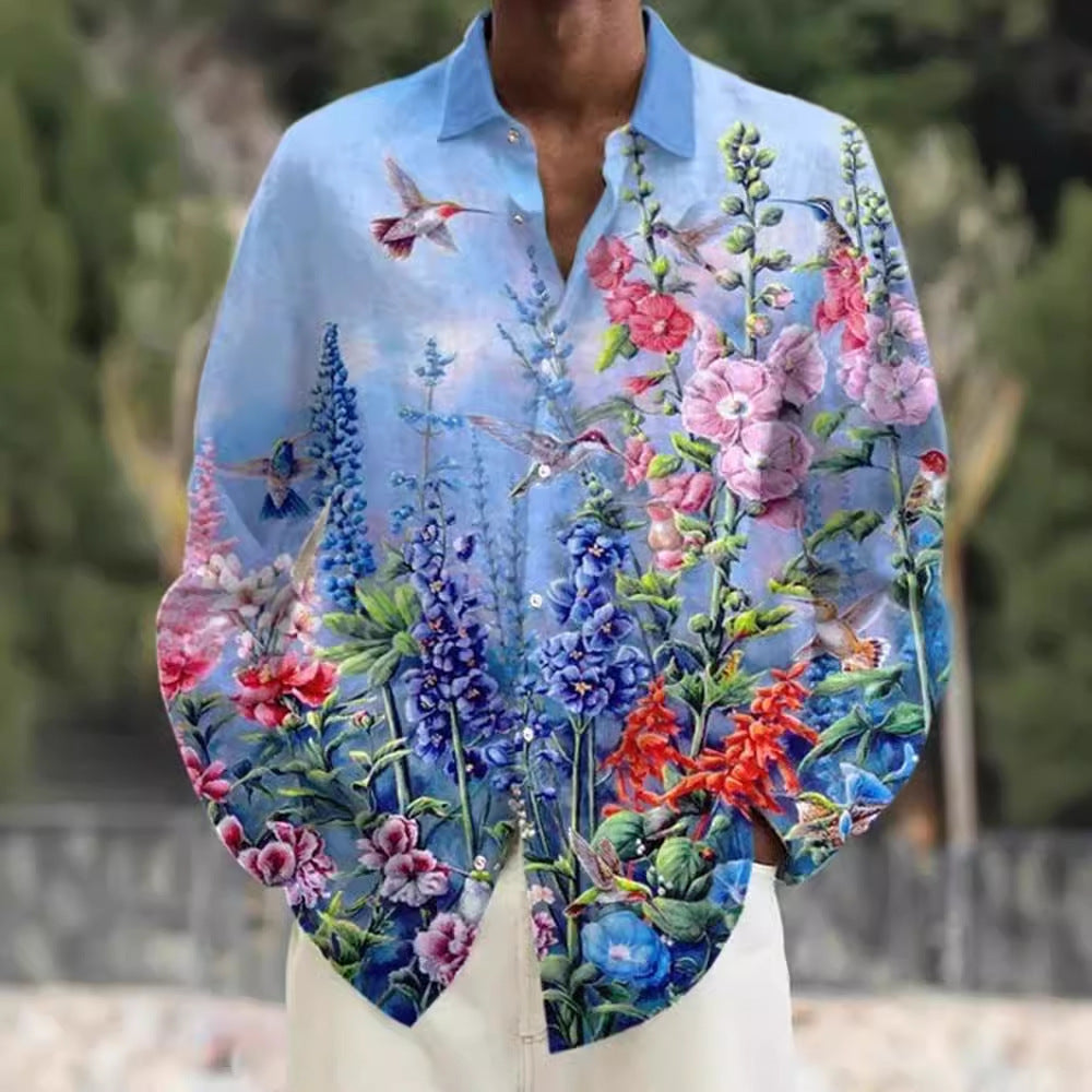 Lapel Bamboo Linen Men's Casual 3D Printing Long Sleeve Shirt Top