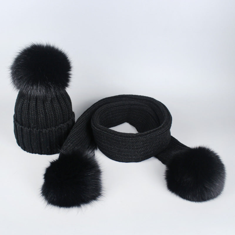 Knitted Hat Scarf Men's And Women's Autumn And Winter Warm Fox Fur Ball Wool Ball