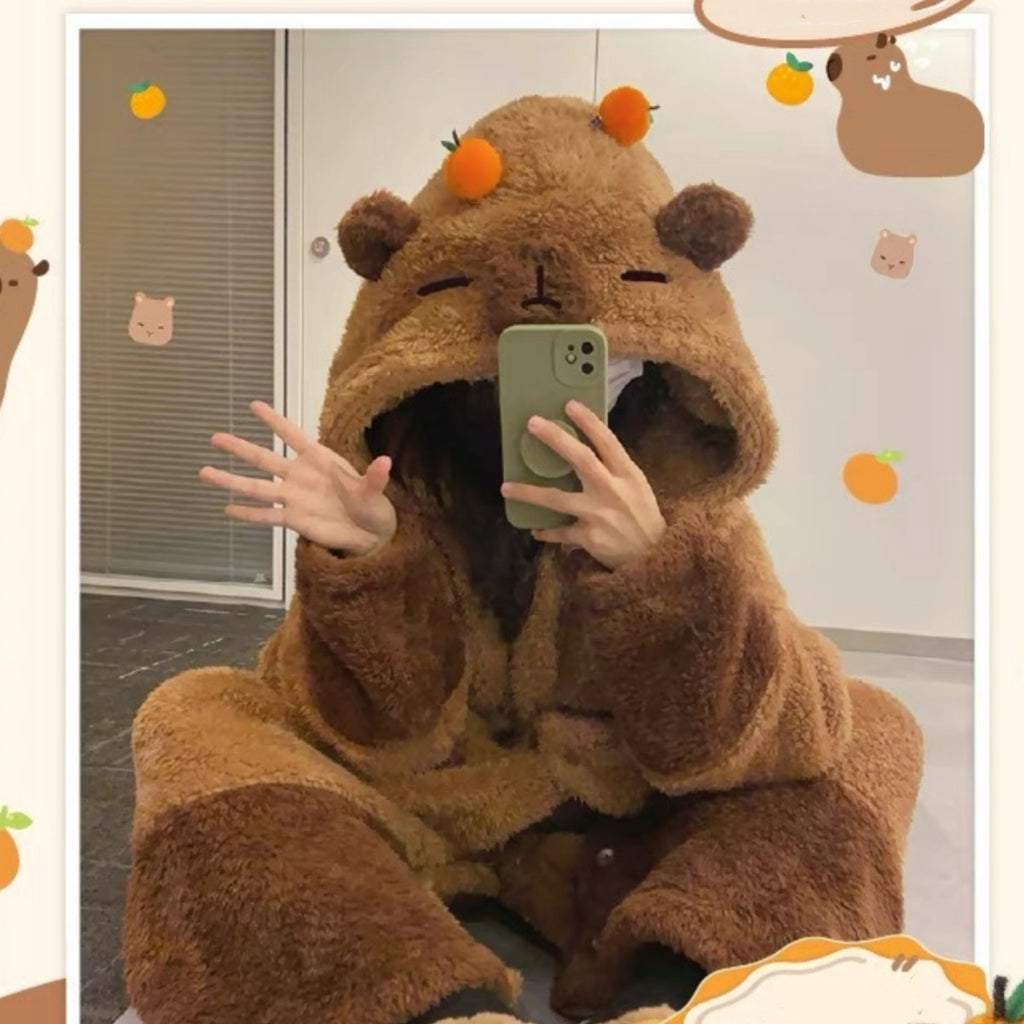 Capribala Dolphin Door Coral Fleece Thickened One-piece Pajamas Trousers Suit