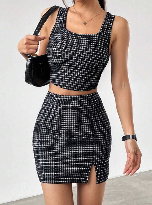 Women Plaid Square Collar Cropped Tank Top And Bodycon Mini Skirt Set