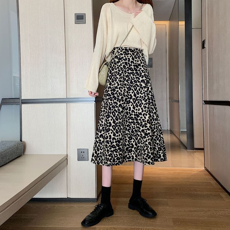 Leopard Print Skirt Women's Mid-length Belly Covering Slimming