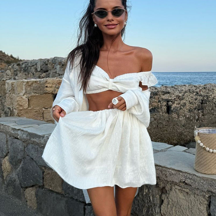 White Sleeveless Camisole High Waist Short Skirt Two-piece Set
