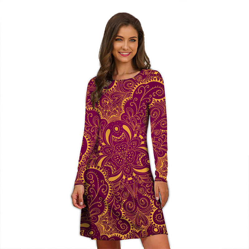 Round Neck Printed Temperament Slimming Small Long Sleeve Dress