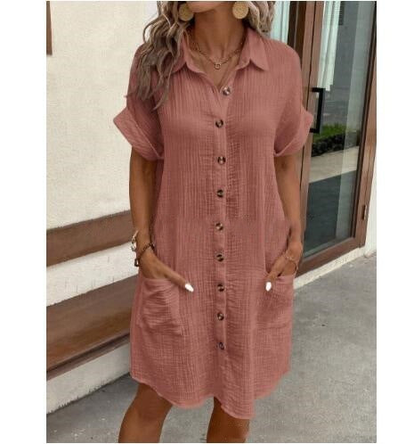 Summer Simplicity V-neck Buttons Cotton Linen Women's Shirt Dress