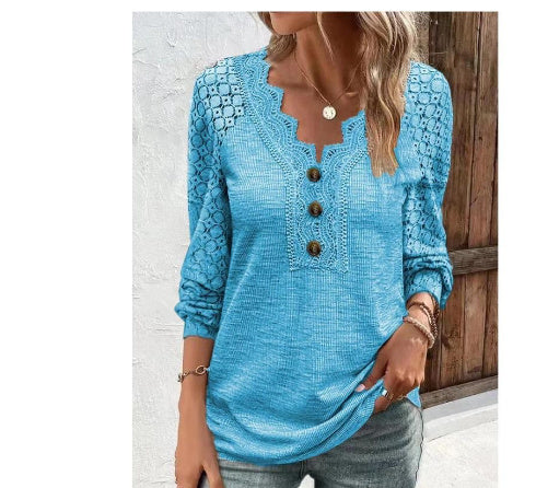 Casual Solid Color Lace V-neck Patchwork Top T-shirt With Short Sleeves