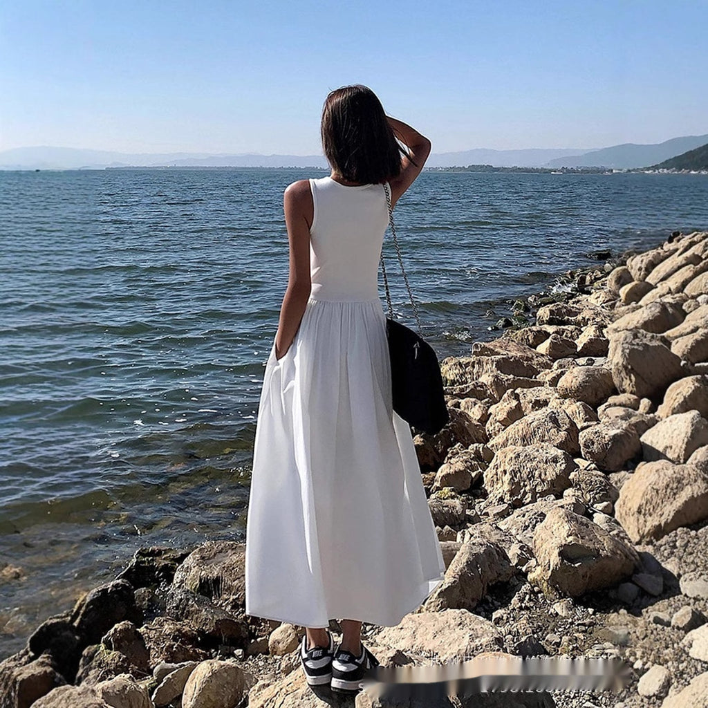 Long Patch Sleeveless Summer Dress Women's Design Slim Fit Long Skirt