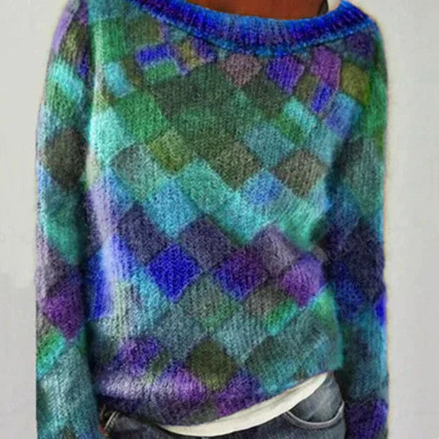 Printed Long Sleeve Collar Sweater Women's Polyester Multi-color Retro