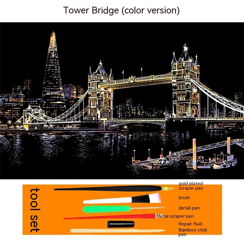 Colourful City Night Scene Hand Scratch Painting