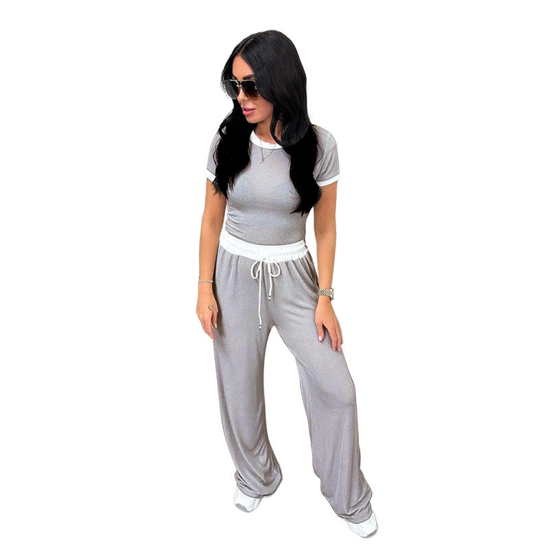 Round Neck Contrast Color Women's Fashion Casual Wide-leg Pants Sports Suit