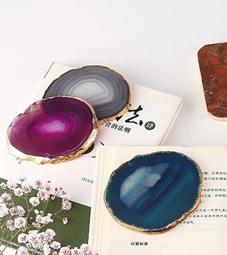 Round Coffee Cup Natural Stone Gold Plated Agate Slices Coaster