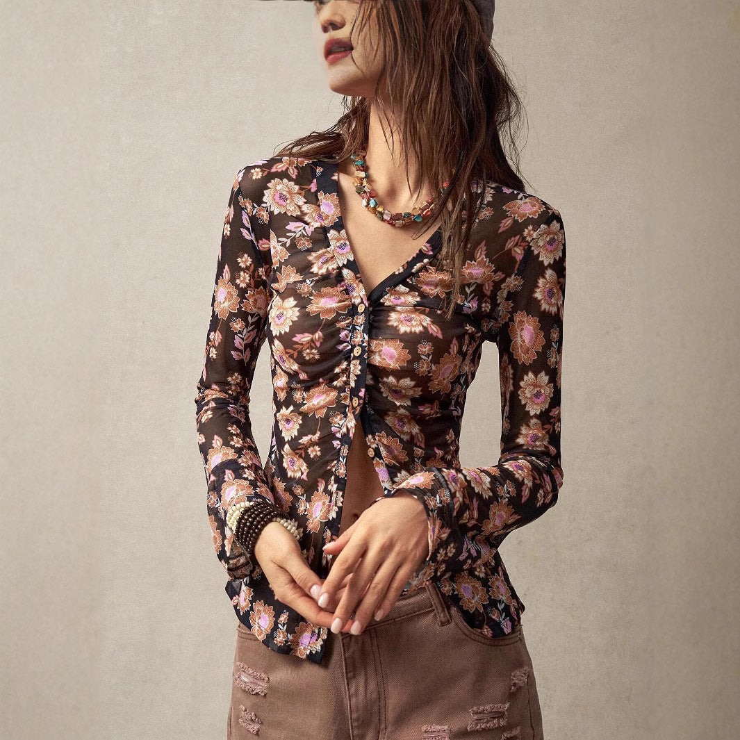 European And American Printed Shirt Women's Slim Fit Slimming Retro Temperament