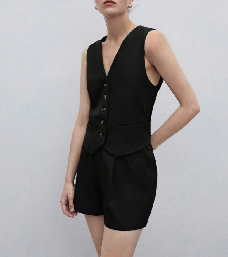 Casual Women's Solid Color Vest Jacket Set