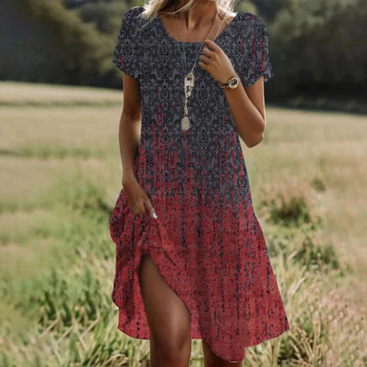 Artistic Ethnic Style Scoop Mid-length Dress