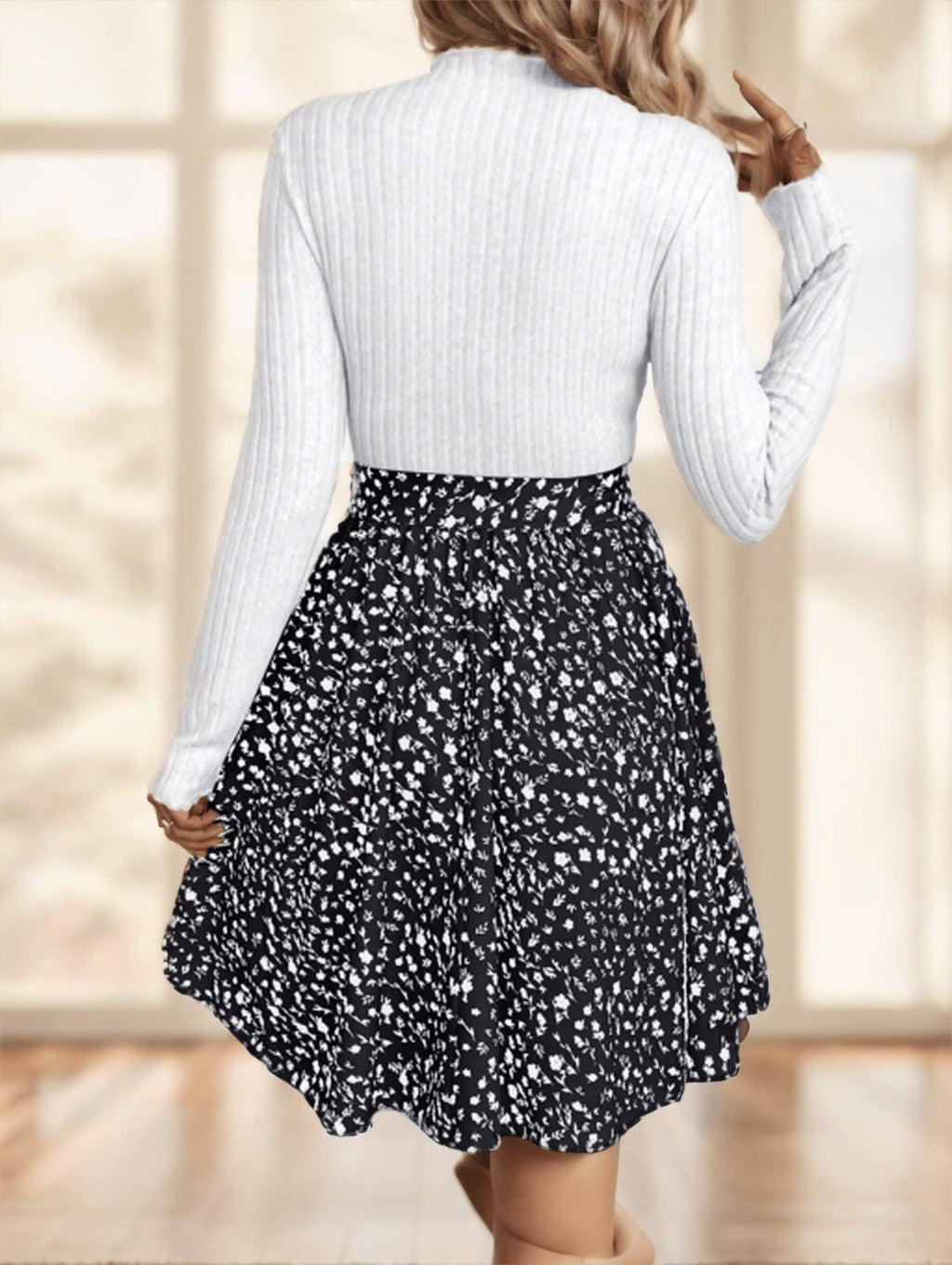 Frenchy Ditsy Floral Print Mock Neck Belted Bottom Top Two Tone A Line Floral Print Dress