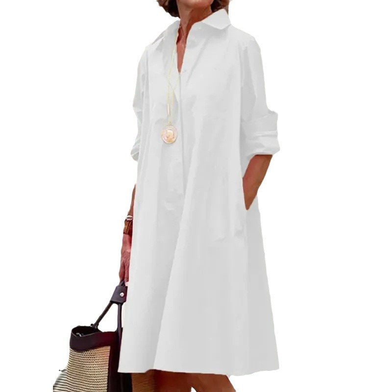 New Long Shirt Solid Color Temperament Commute Simple Lapel Cardigan Dress