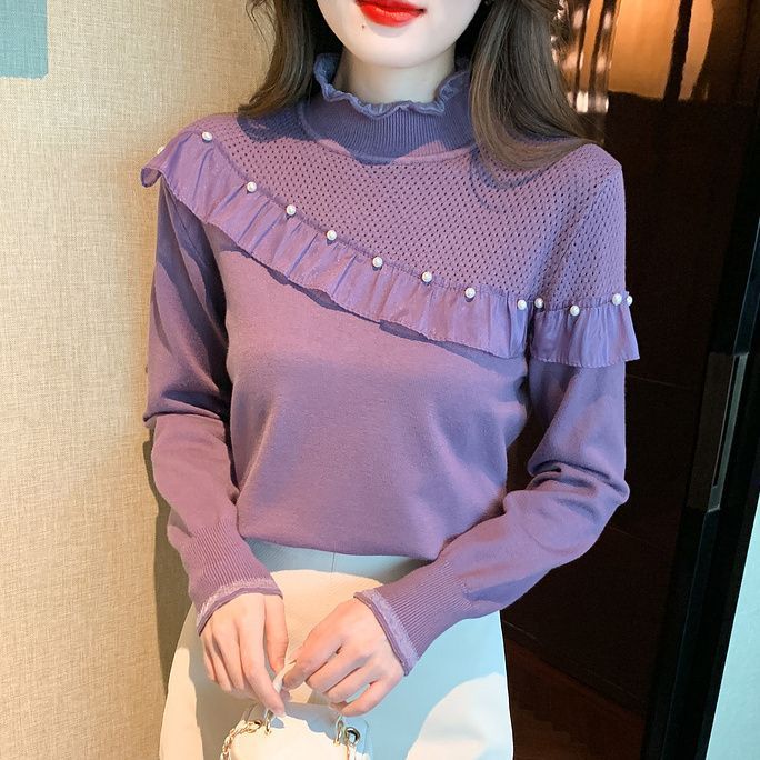Women's Ruffled Stitching Half-high Collar Long Sleeves Knitwear