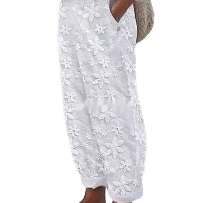 Women's Elegant Embroidery Cotton And Linen Casual Pants