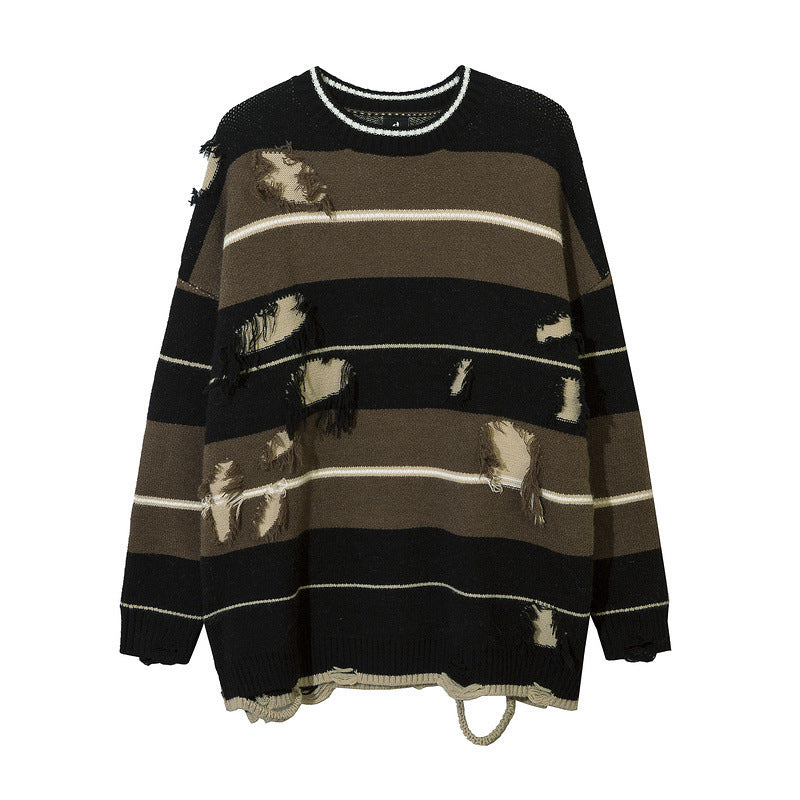 American High Street Dark Ripped Knitted Striped Sweater