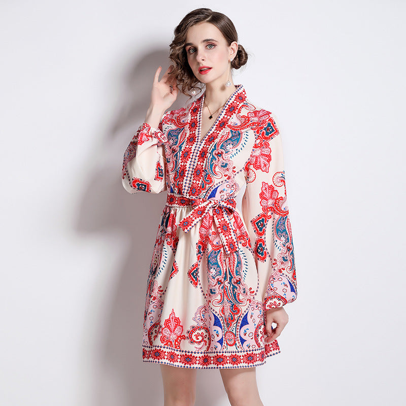 European And American Style Positioning Pattern V-neck Slimming Long Sleeves Dress