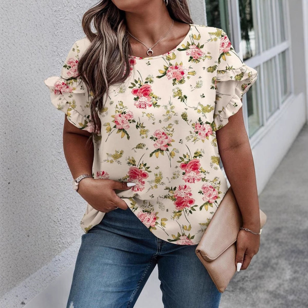 Round Neck Sleeve Stitching Pleating Printed Short Sleeve Casual