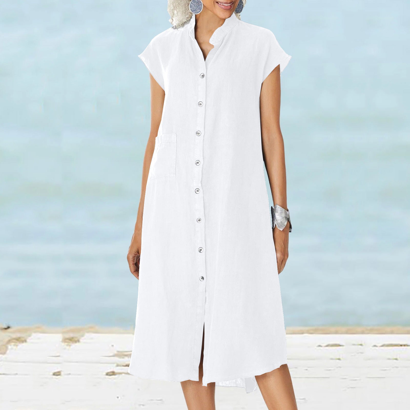 Cardigan Stand Collar Single-breasted Cotton And Linen Pocket Dress