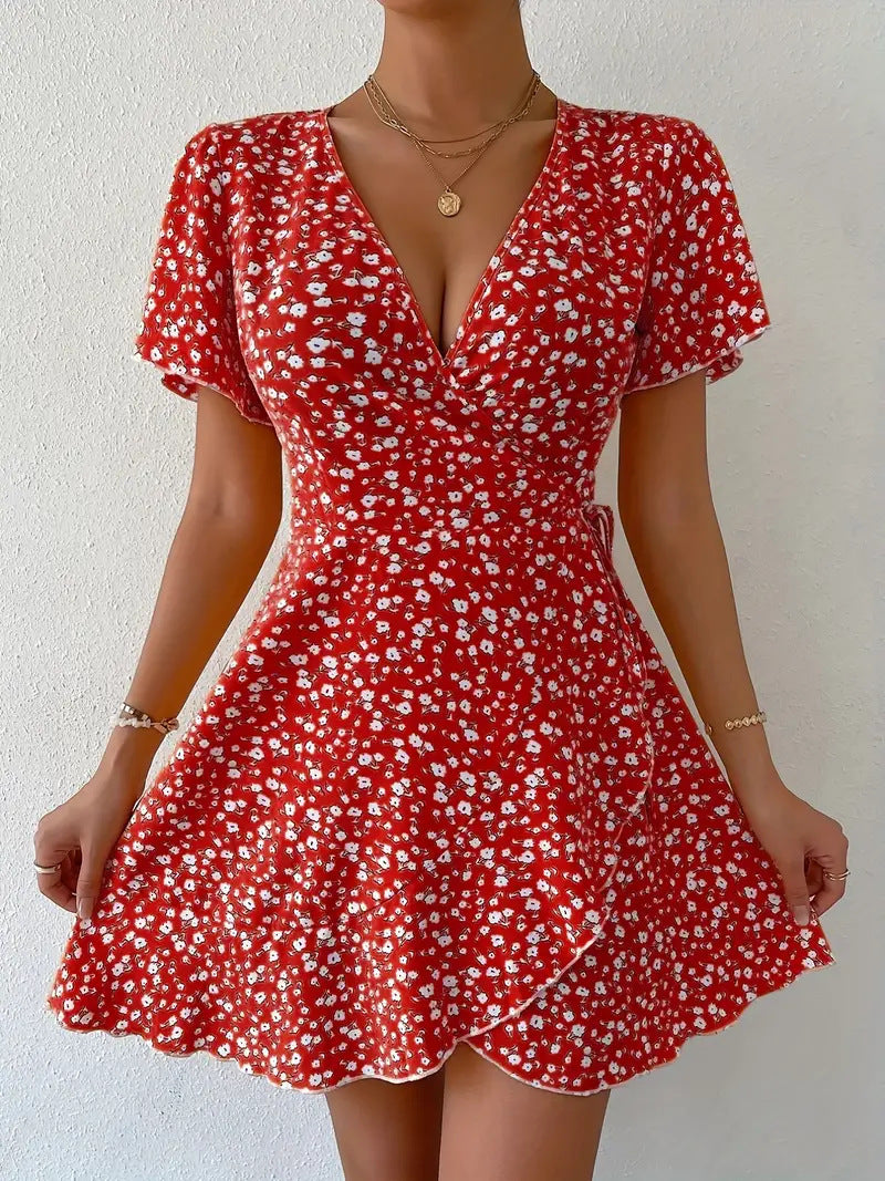 Floral Tie-neck Waist Trimming Short-sleeved V-neck Women's Clothing Dress