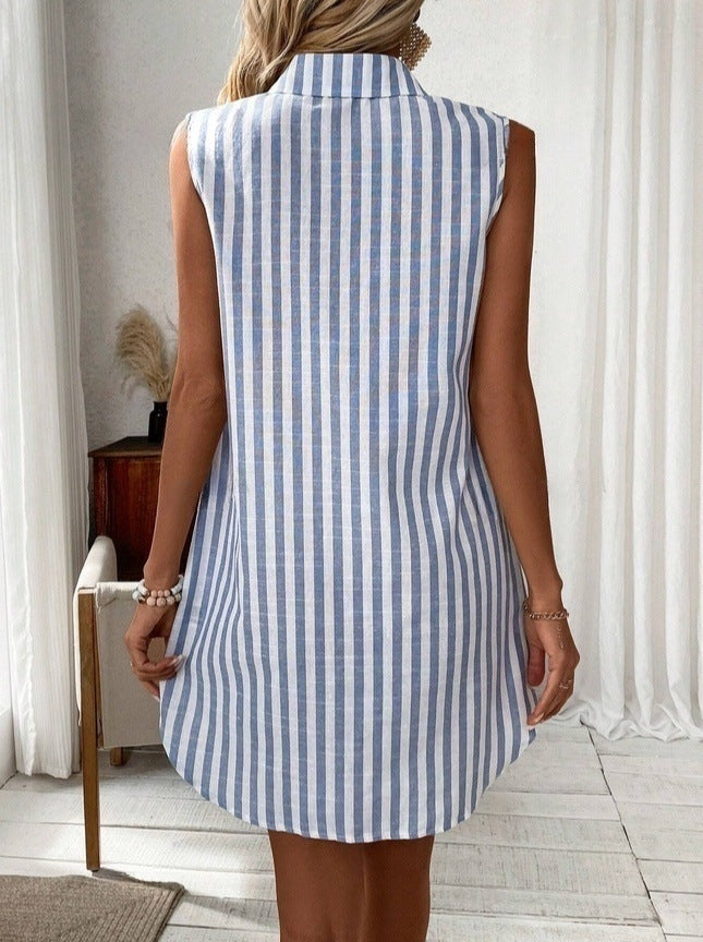 Loose Sleeveless V-neck Buttons Striped Shirt Dress