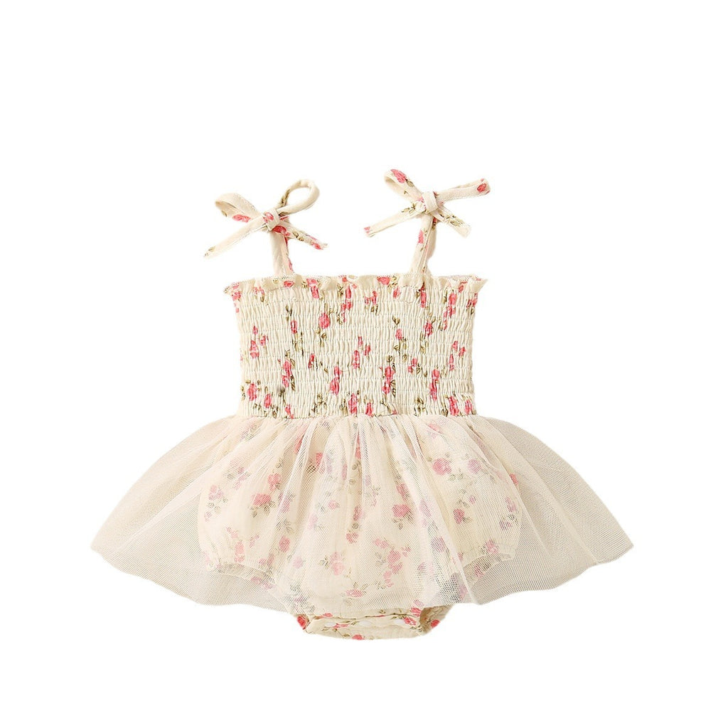 Baby Girl Flower Print Sling Triangle Rompers Tulle Skirt