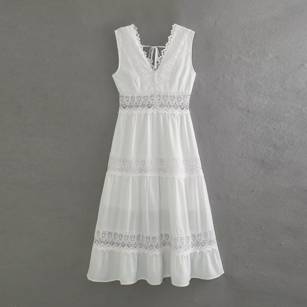 Women's Spring Fashion Simple Lace Stitching White Dress