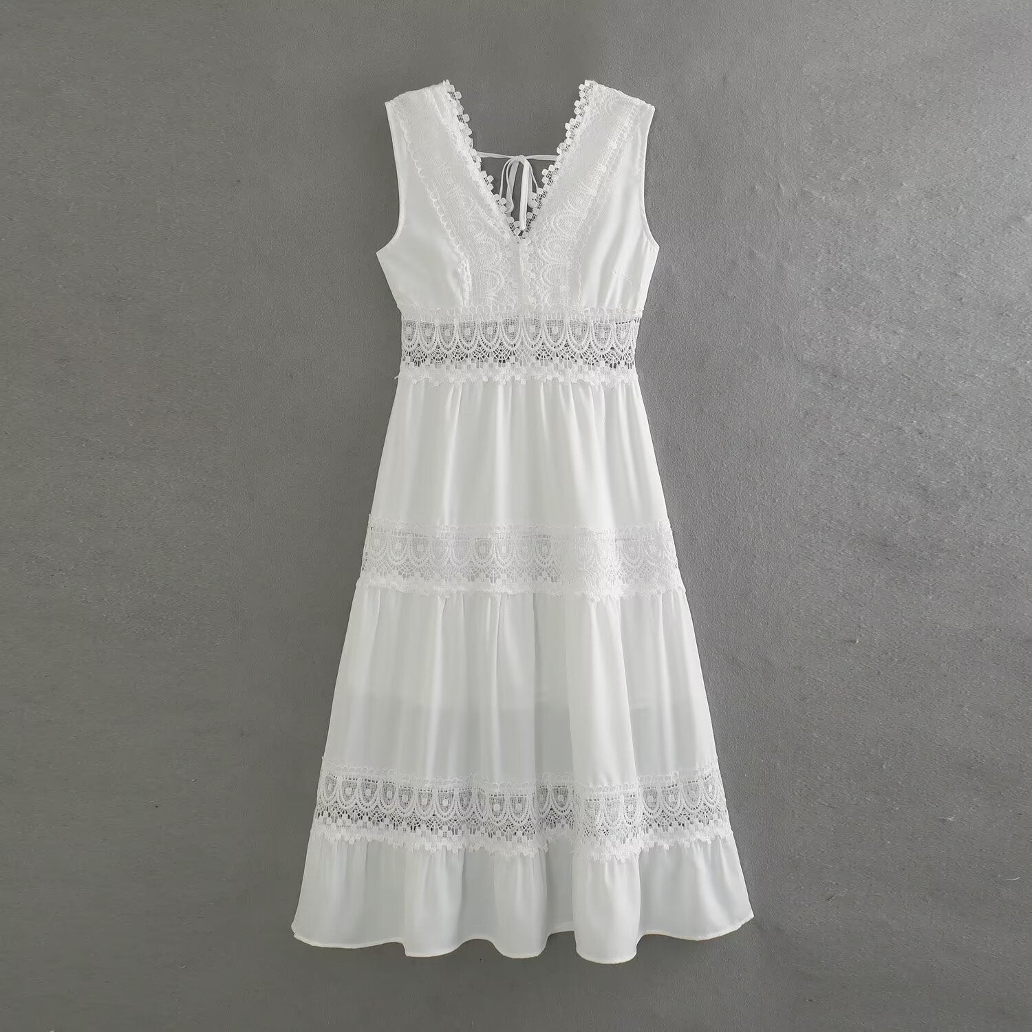 Women's Spring Fashion Simple Lace Stitching White Dress