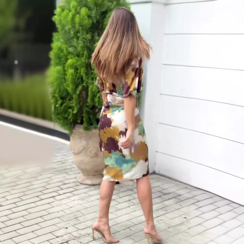 Women's V-neck High Waist Slim Fit Fashion Printed Sheath Dress