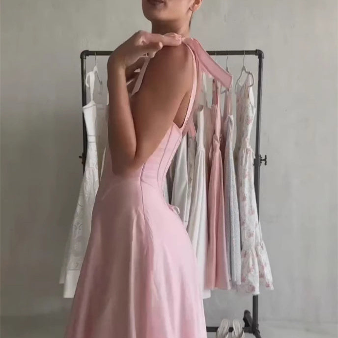 Women's Minimalist Bowknot With Fishbone Bandeau Sling Pleated Dress