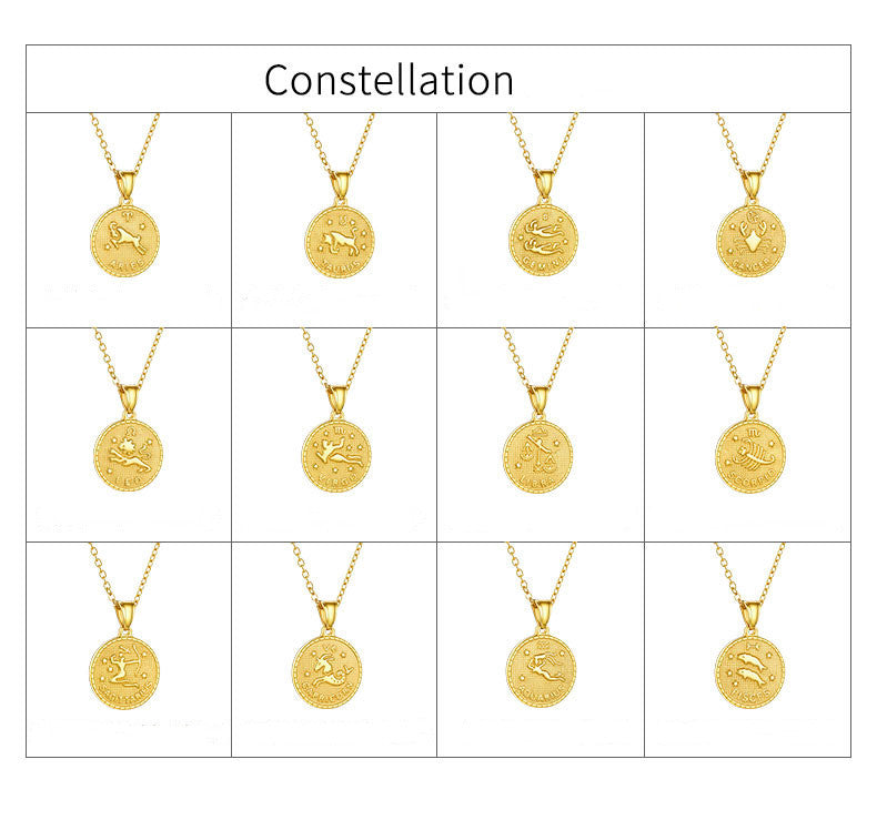 Zodiac sign gold coin engraved necklace