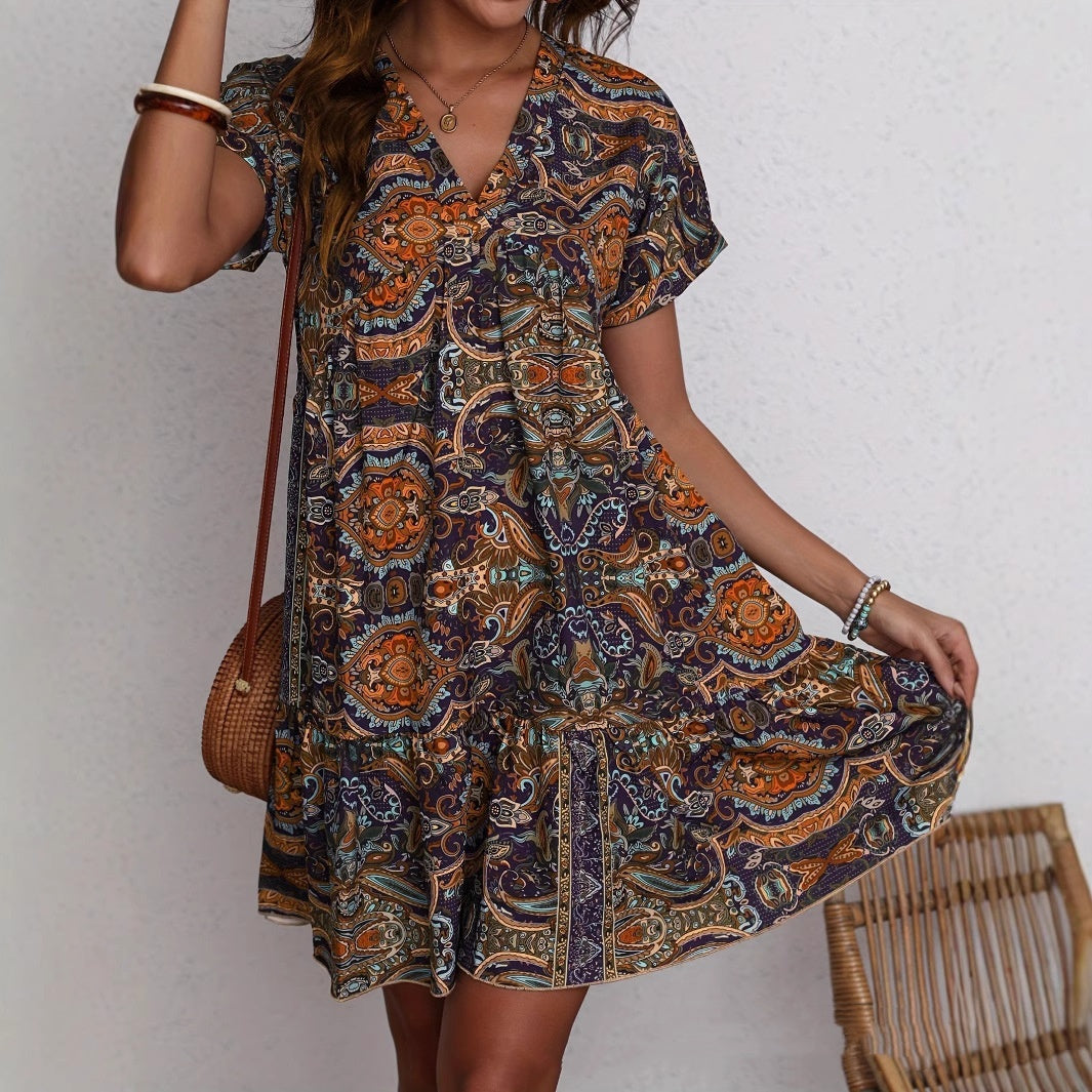 Women's Clothing Printed V-neck Leisure Vacation Style Dress