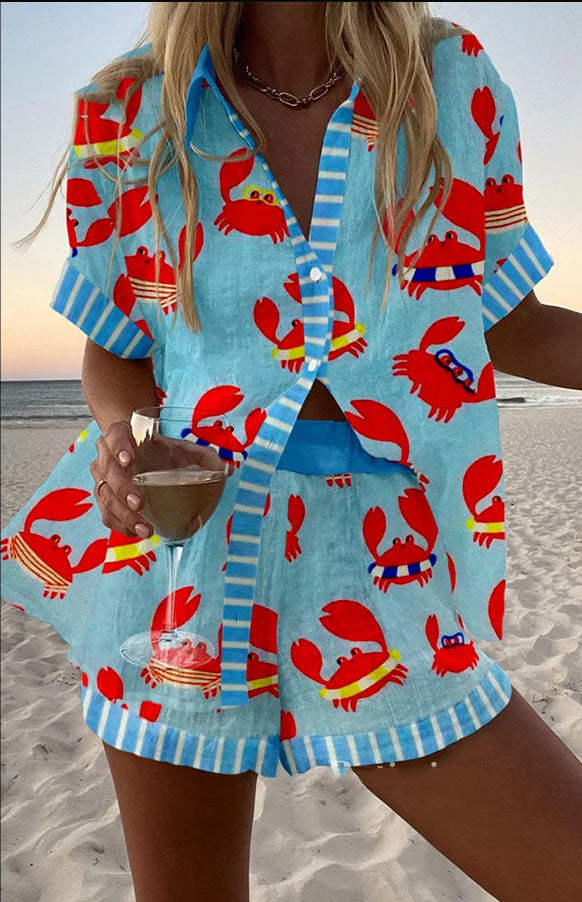 Women's Fashion Printed Casual Vacation Style Cardigan Shorts Suit