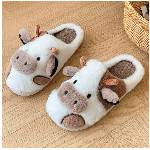 Indoor Home Cartoon Cow Fur Cotton Slippers Female