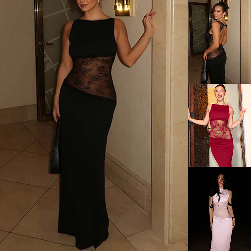 Hollow Backless Sleeveless Stitching Lace Mid Waist See-through Long Dress