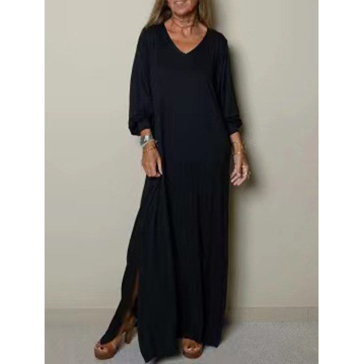 Cross-border Amazon Hot Sale Ladies Casual Robe Plain Long Sleeve Split Dress