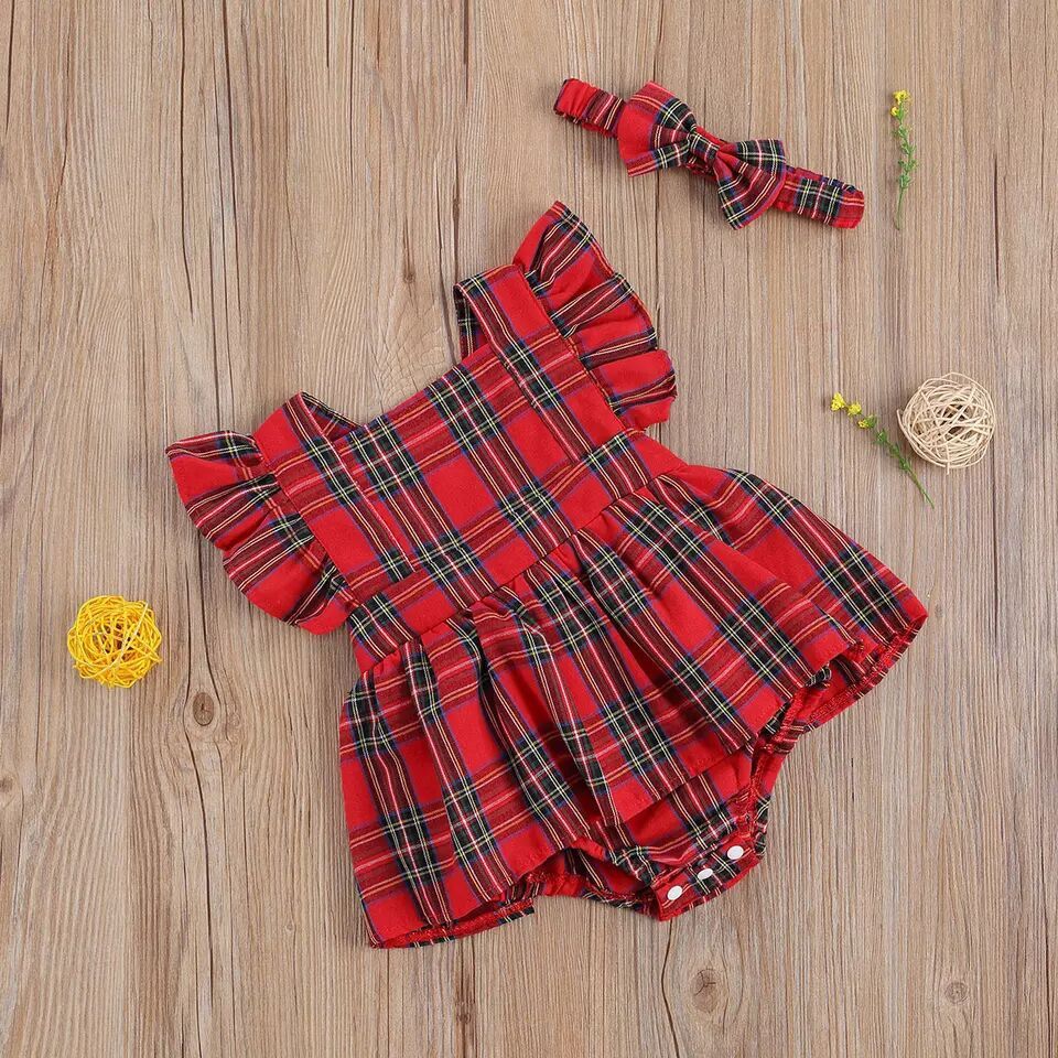 Infant Toddler Summer Stripes Flounced Sleeve Dress Girls' Christmas Plaid Romper