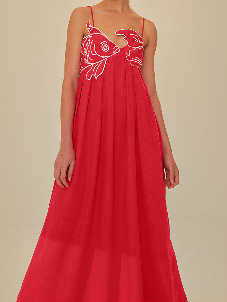 Red Fish-shaped Top Extra Long Dress Backless Slip Dress