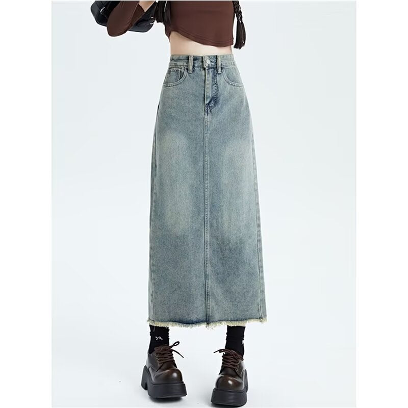 Retro Women's High Waist Denim Skirt Women's Mid-length Versatile Hem Tassel Hip Skirt