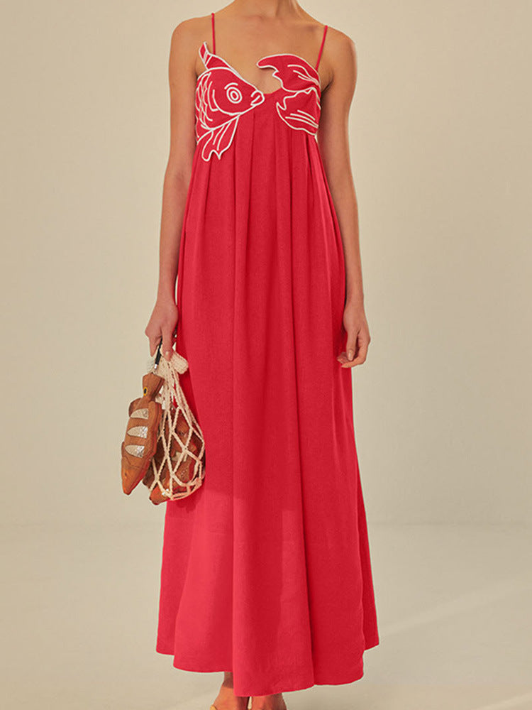 Red Fish-shaped Top Extra Long Dress Backless Slip Dress