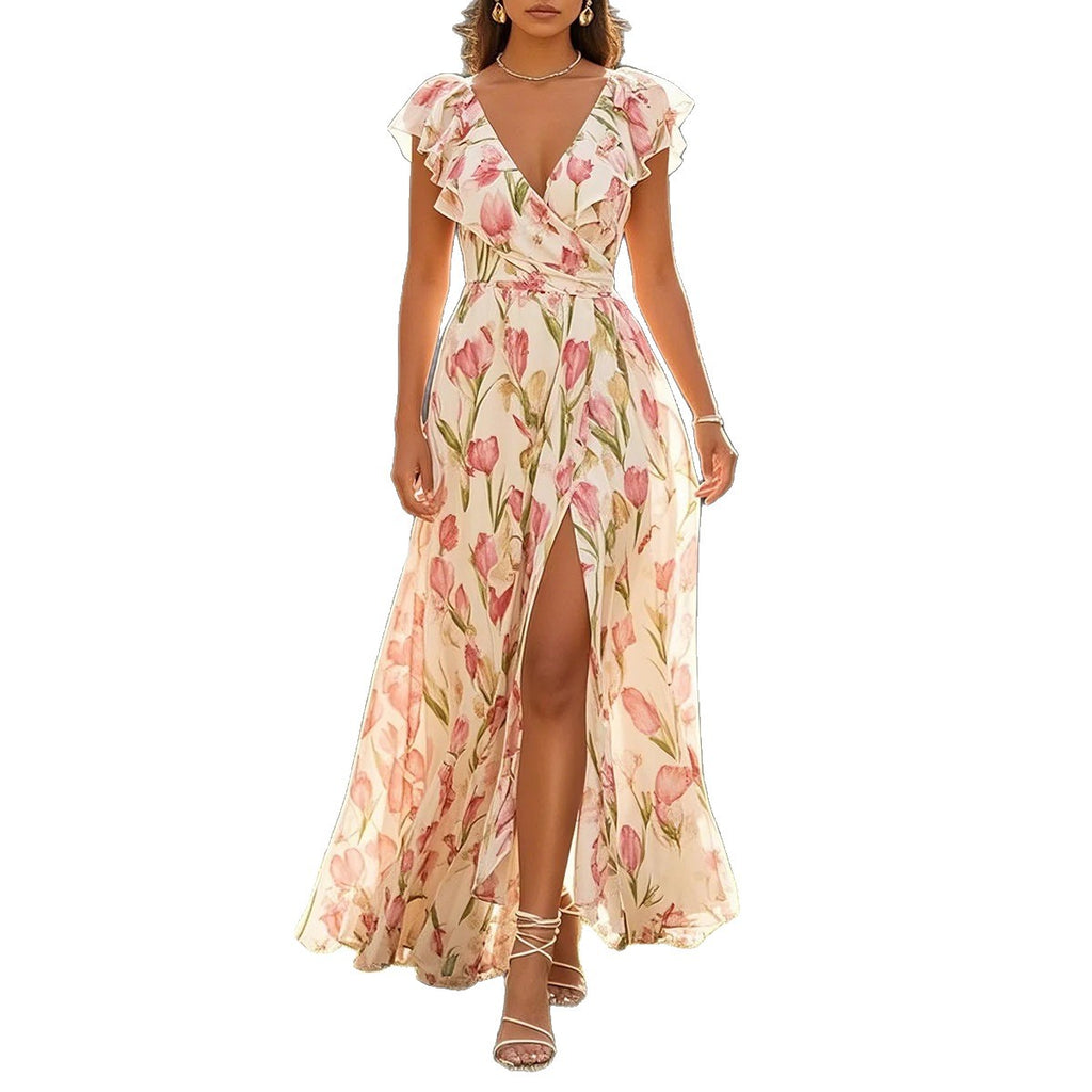 Short Sleeve V-neck Split Digital Printing Dress