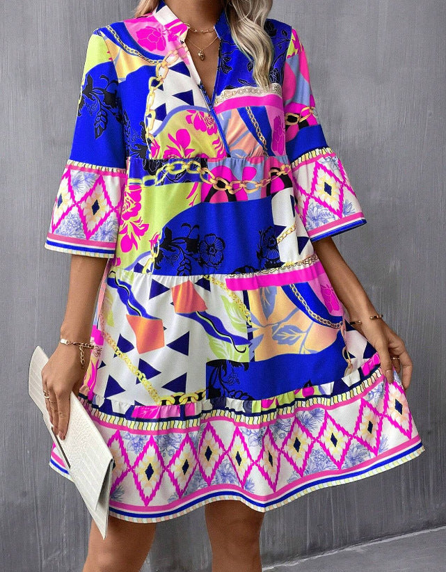 Pleated Sleeve Printed Flared Sleeve Ruffled Hem Dress