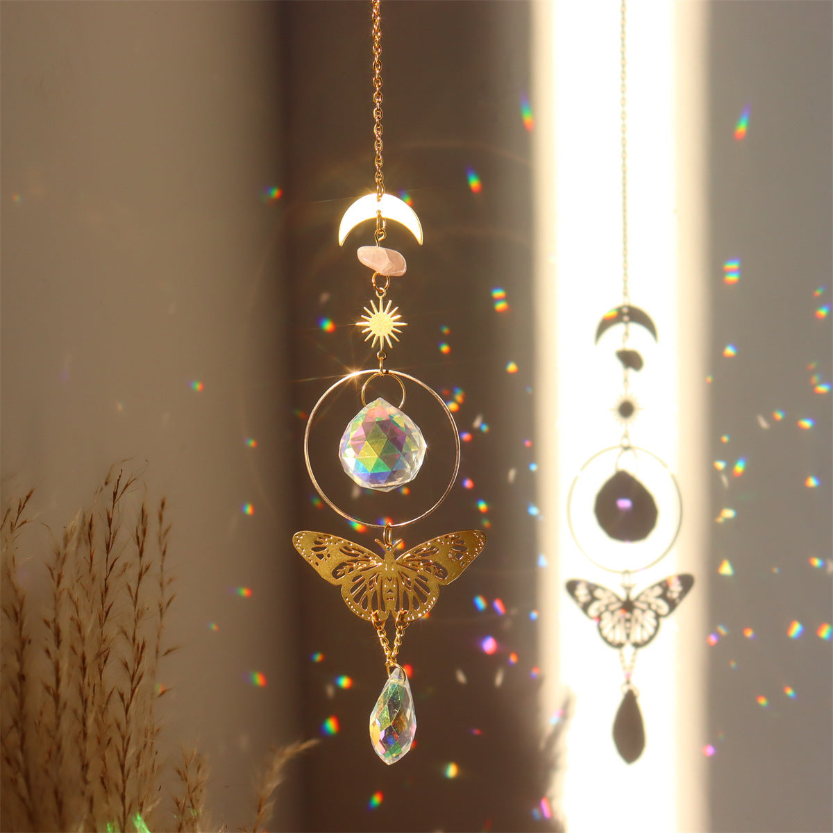 Brass Butterfly Moth Crystal Sun Catcher Pink Crystal Rough Stone Window Room Decoration Hanging Ornament