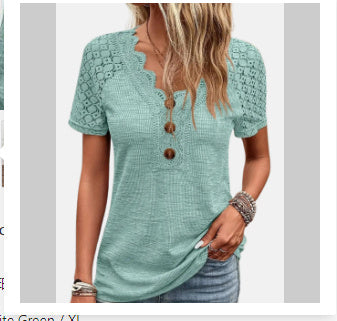 Casual Solid Color Lace V-neck Patchwork Top T-shirt With Short Sleeves