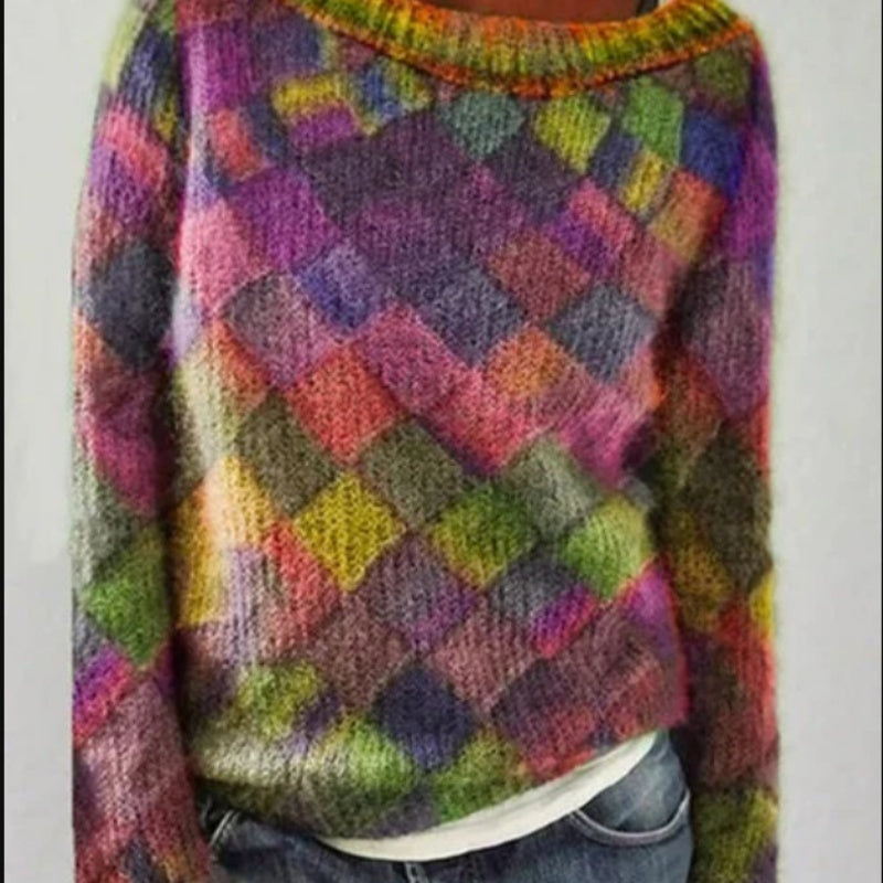 Printed Long Sleeve Collar Sweater Women's Polyester Multi-color Retro