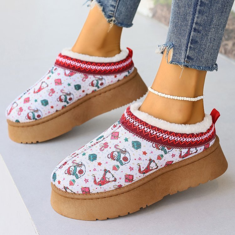 Women's Shoes Cartoon Pattern Thick Bottom Plush Low Top Toe Cap Lazy Slippers